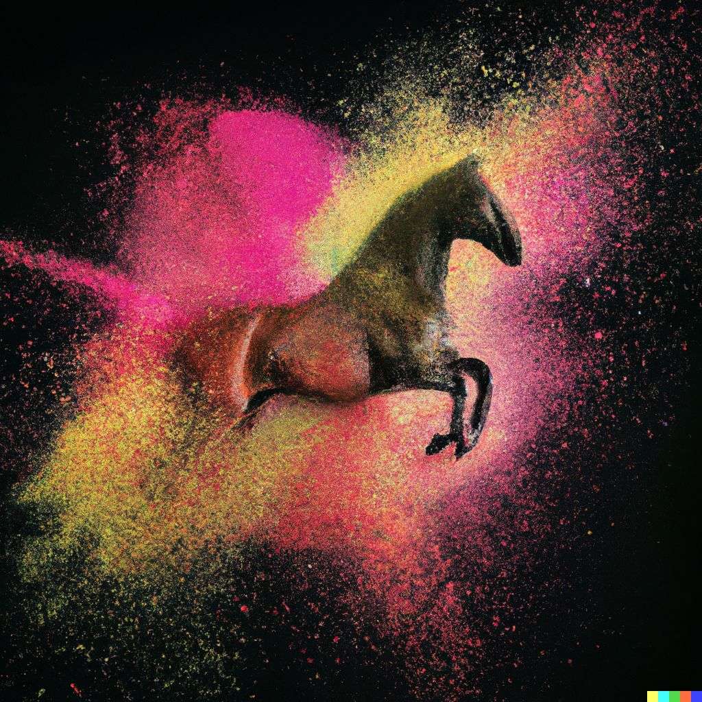 a horse, made from a burst of colored powder, digital art